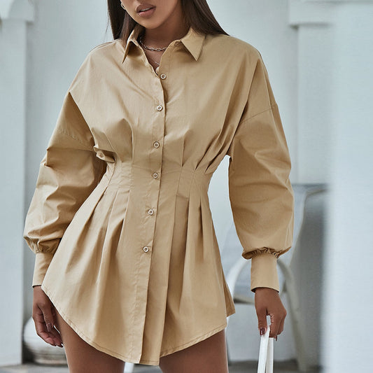 Turn-Down Collar Long Sleeve Button Down Shirt Mini Dress