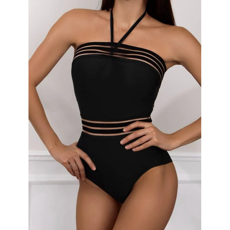 Black Halter Sexy Stitching Mesh Swimsuit Women Wholesale