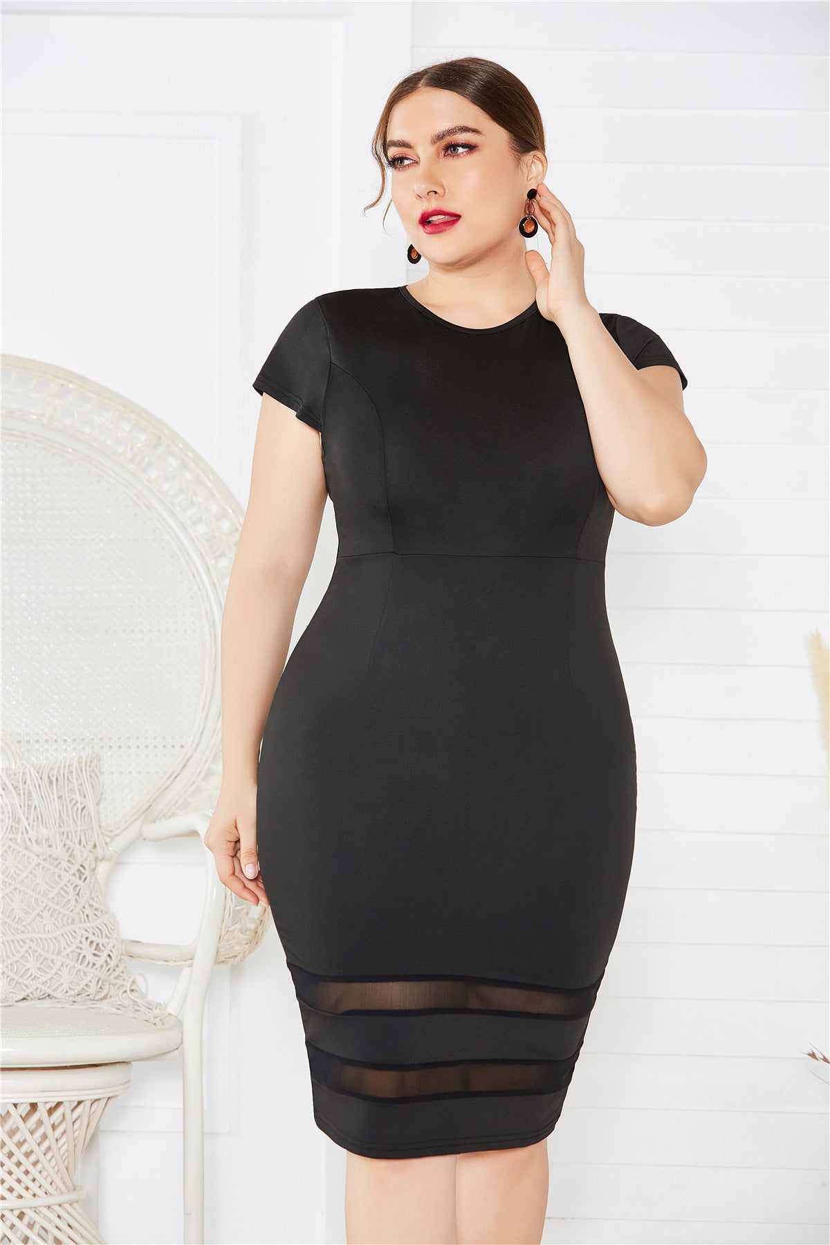 Women Mesh Sheer Short Sleeve Wholesale Plus Size Pencil Bodycon Dresses