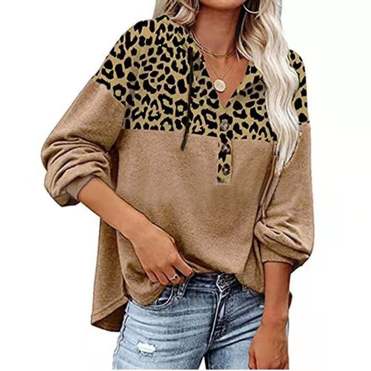 New Casual V-Neck Leopard Pattern Stitching Hoodie