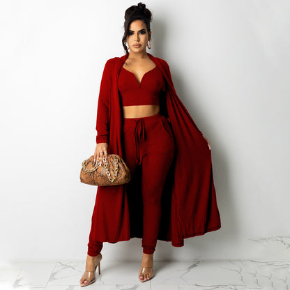 3 Piece Set High Stretchy Solid Color V Collar Crop Top Pant Set -11