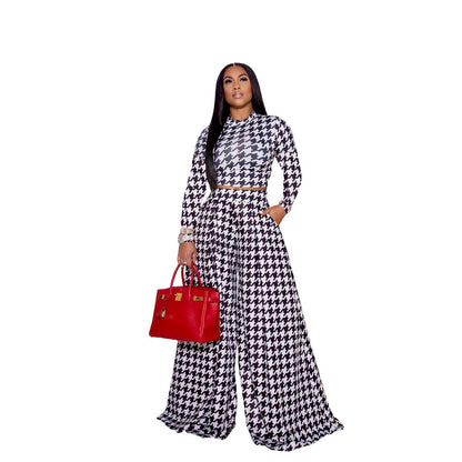 Houndstooth Pattern Wide Leg Pants ＆ Long Sleeve Crop