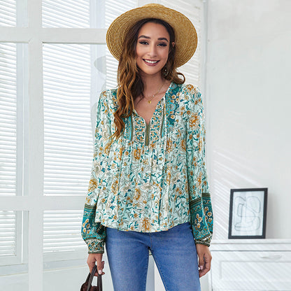 V-Neck Printed Loose Lantern Sleeve Top Sweatshirt