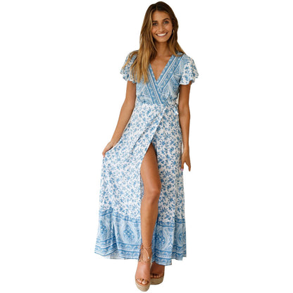 V Neck Short Sleeve Lace Up Boho Print Slit Wide Swing Maxi Dresses Casual Wholesale Bohemian Dress For Women SD531166