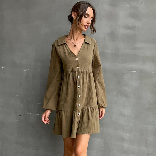 Ruffled Buttons Trim Turn Down Collar Shirt Dress