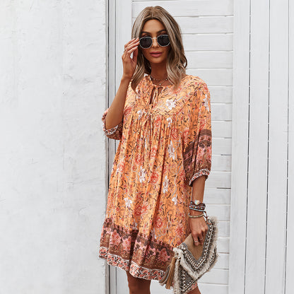 Loose Floral Printed Wholesale Dresses Short Sleeve Casual Dress