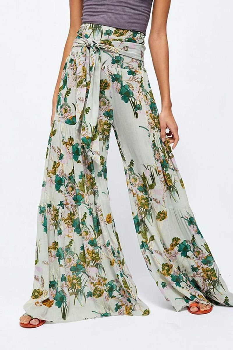 Loose Floral Strappy Casual Beach Trousers Bell Bottom Pants Wholesale
