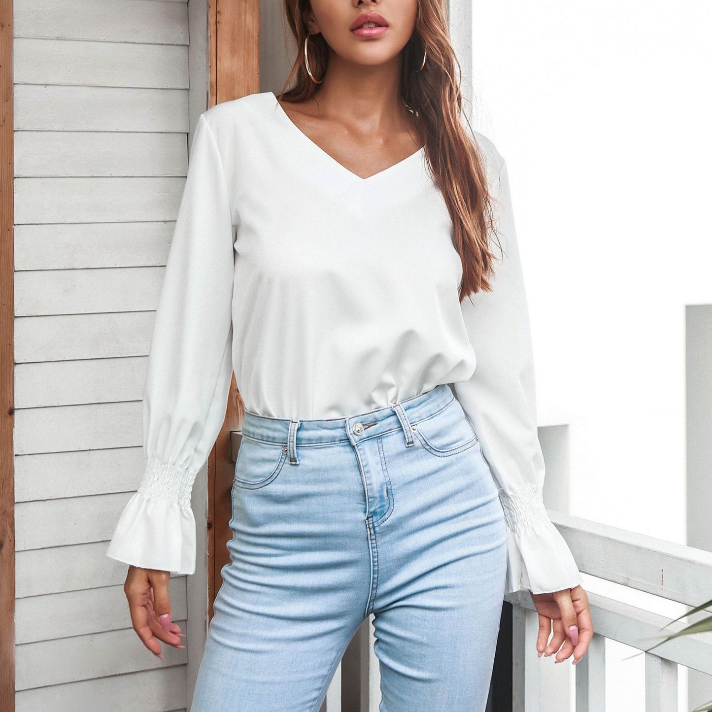 Solid Flare Sleeve V-Neck Blouse Wholesale Clothing ST070040