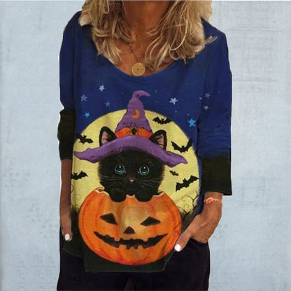 Halloween Pumpkin Cat Print Women Jumpers