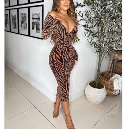 Sexy Women Deep V Long Sleeve Printing Dress Wholesale