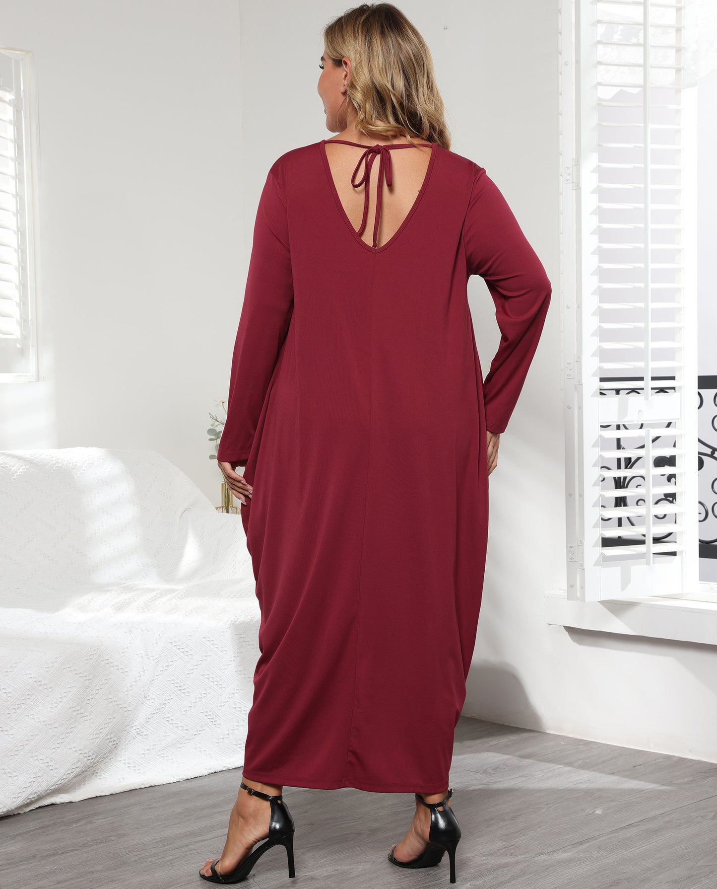 V-Neck Loose Maxi Dress Wholesale Plus Size Dresses Casual Tieback Design