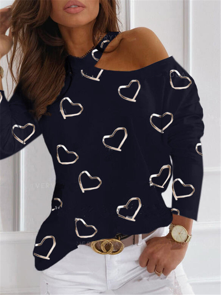 Heart Printed Halter Neck Off Shoulder Fashion Casual Long Sleeve Wholesale Blouse Womens T-Shirts