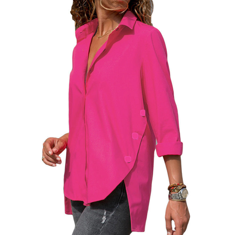 Solid Color Shirts Long Sleeve Irregular Slit Button Design Wholesal Blouse Business Casual