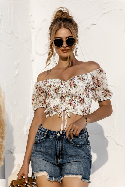 Floral Print Short-Sleeve Off Shoulder Drawstring Sexy Women'S Cropped Shirts Wholesale Crop Tops