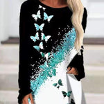 Long Casual Long-Sleeved Butterfly Print Colorblock T-Shirt