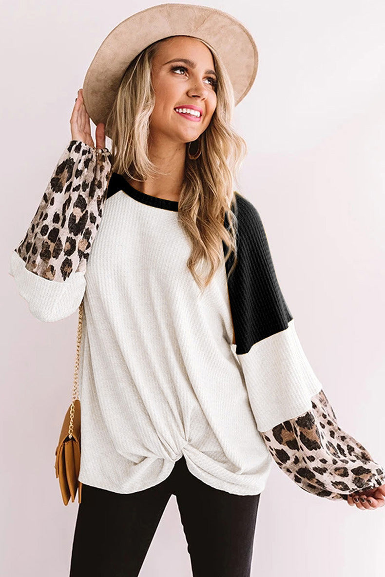 Leopard Print Stitching Fashion Waffle Long Sleeve Pullovers Casual Wholesale Blouse Womens T Shirts