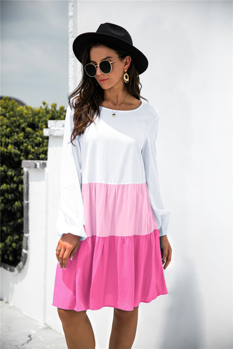 Fashion Colorblock Long Sleeve Crew Neck Smocked Dress Casual Wholesale Dresses