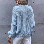 Long Sleeve Blue Solid Color Round Neck Casual Sweater Sweater Wholesale