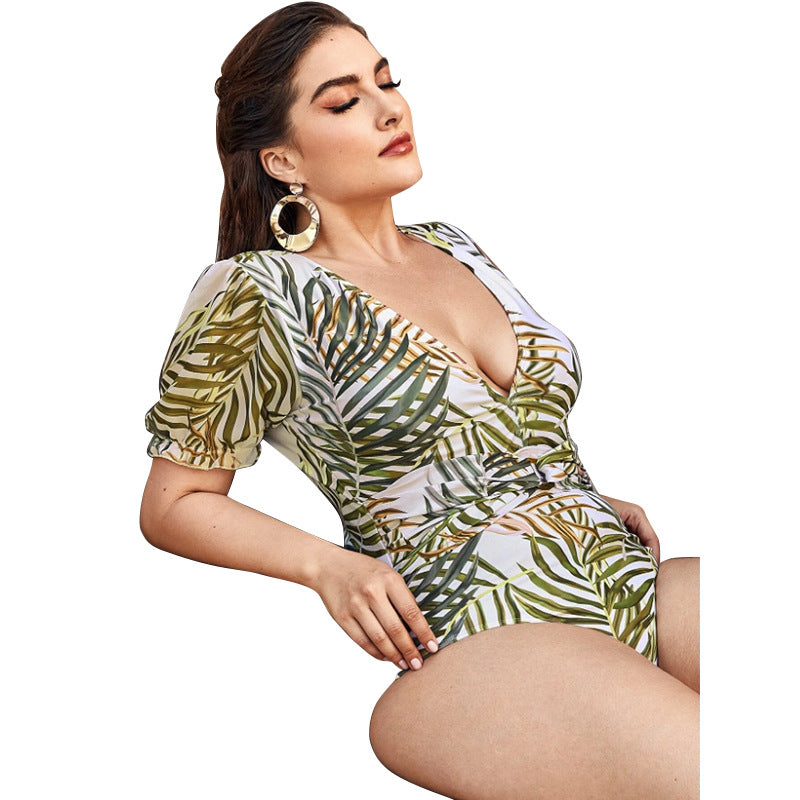 Leaf Print Low Cut One Piece Plus Size Swimwear Wholesale