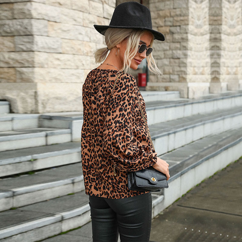 Leopard Print Wholesale Women Blouses Casual Long Sleeve Shirts