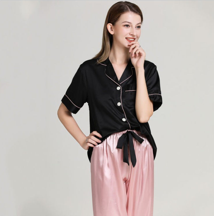 Printed Women'S Loose Homwear Suits Ice Silk 2pcs Pajamas Sets Short Sleeve Shirts & Trousers Wholesale Loungewear