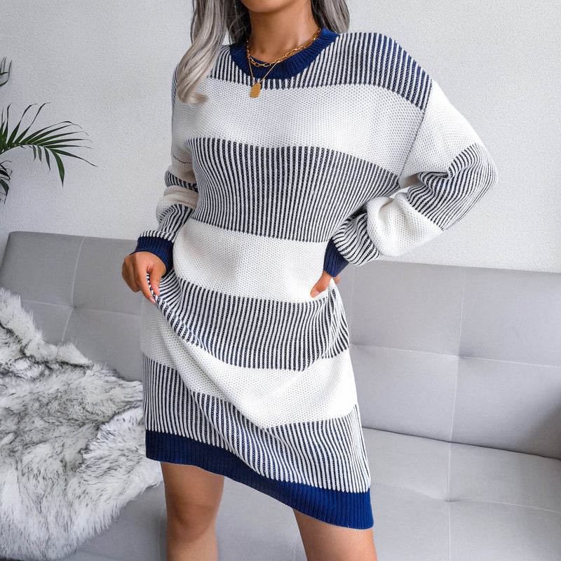 Women Wholesale Striped Casual Loose Sweater Dress Knitted Dress