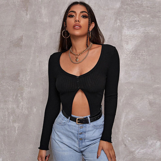 Solid Knitting Button Low Cut Crop Top