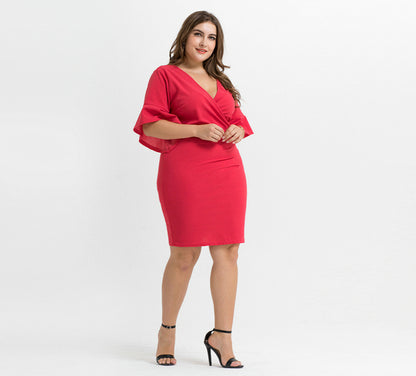 Plus Size Solid Flare Sleeve Low Cut V-Neck Slim Short Dress