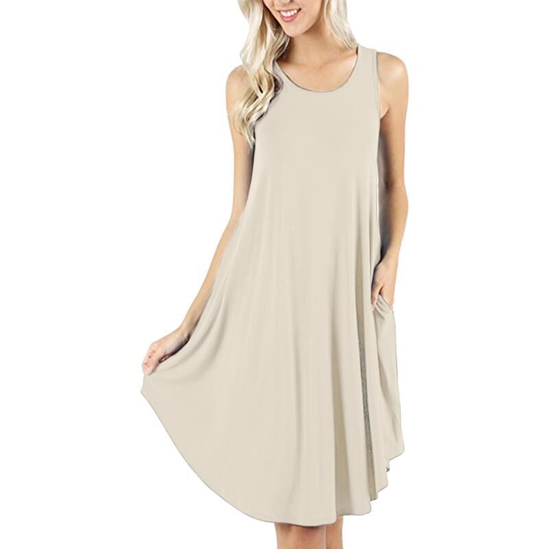 Summer Sleeveless Casual Modal  Midi Dress Wholesale Crew Neck Swing Tank Dresses With Pockets