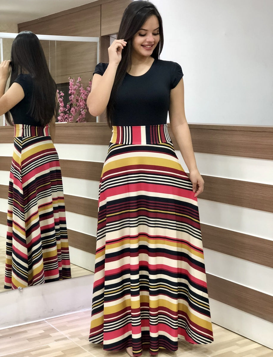 Fashion Printed Wide Hem Full Skirt Short Sleeve Wholesale Maxi Dresses Casual