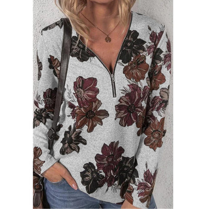 New Women Autumn Long-Sleeved V-Neck Floral Print T-Shirt