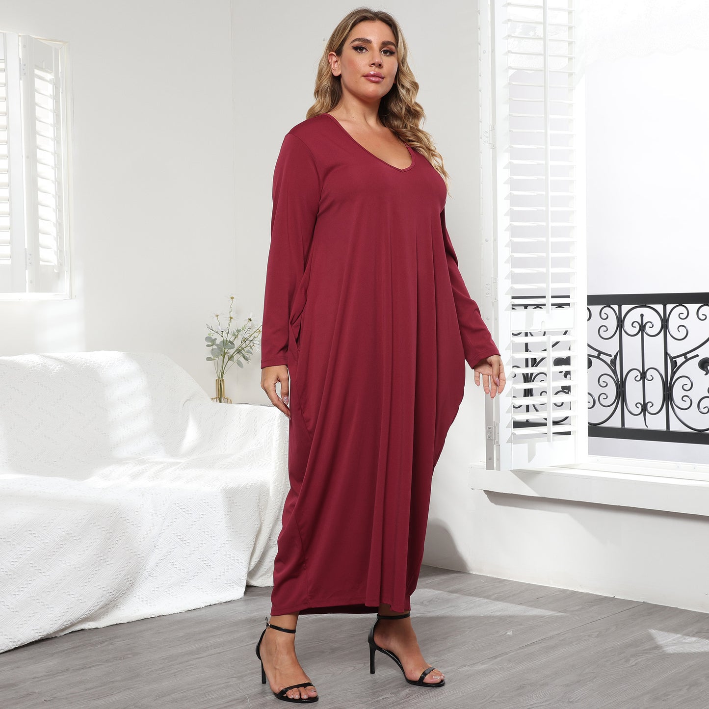 V-Neck Loose Maxi Dress Wholesale Plus Size Dresses Casual Tieback Design