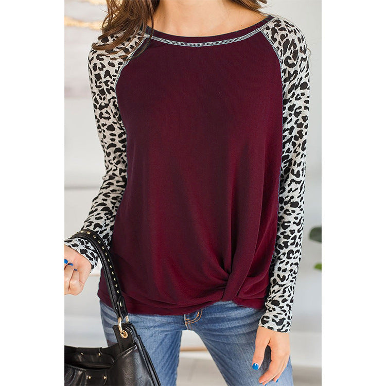 Leopard Print Crew Neck Long Sleeve Twist Hem Women'S Tops Casual Wholesale T-Shirts ST531165