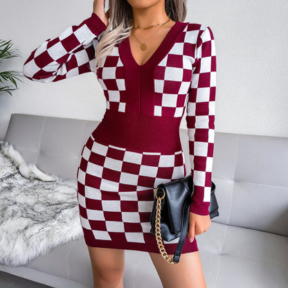 V-Neck Plaid Printing Sexy Knitted Dress Women