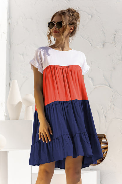 Round Neck Colorblock Ruffles Short Sleeve Loose Smocked Dresses Casual T Shirt Dress Wholesale