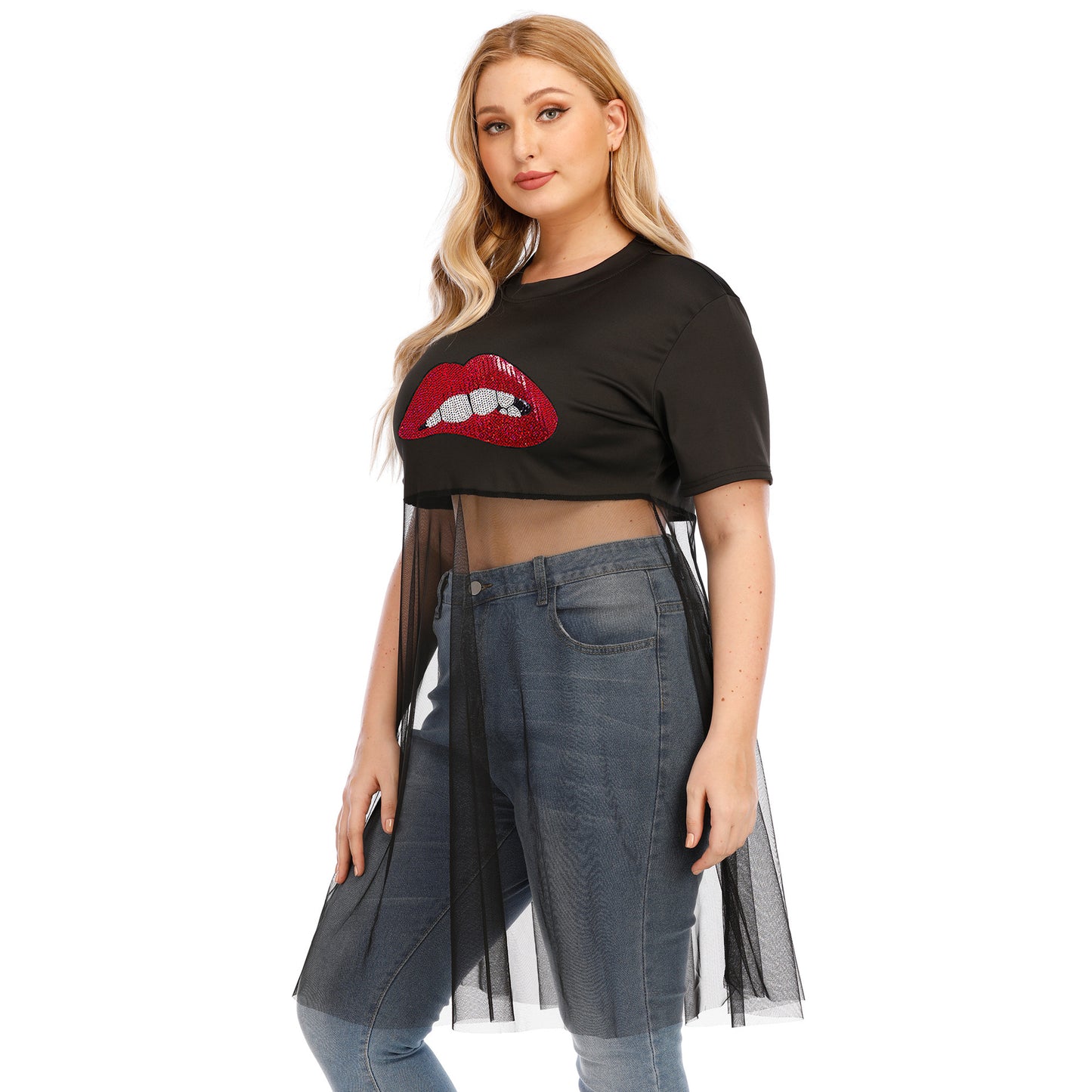 Sequins Mesh Stitching T-Shirt Wholesale Plus Size Clothing Lips Printed