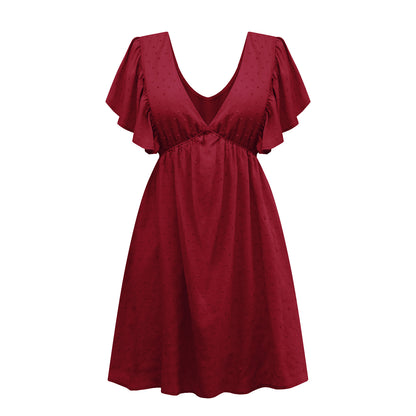 Swiss Dot Ruffle Sleeve Deep V Neck Backless Wholesale T-shirt Dresses Summer