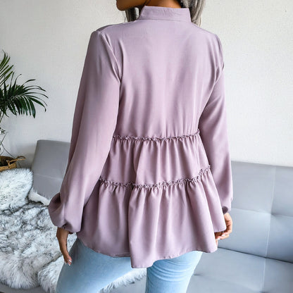 Solid Color Lantern Sleeve Casual Loose Ruffled Chiffon Blouse Wholesale T Shirts