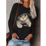 Fashion Cat Print Tops Round Neck Casual Wholesale Womens Long Sleeve T Shirts