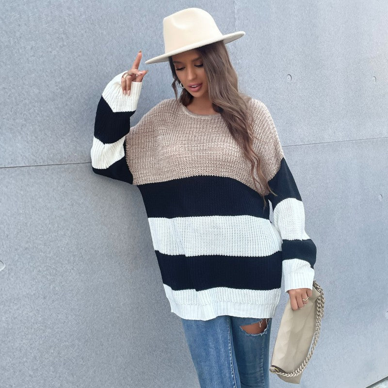 Loose Color Blocking Stripe Knitted Long Sweater