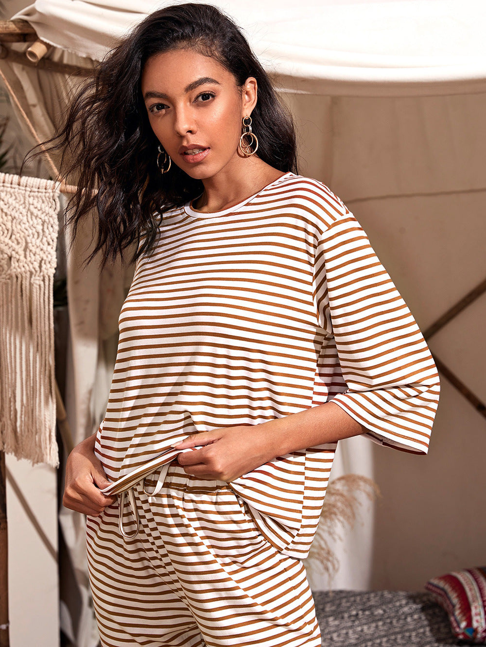 Striped Round Neck Wholesale Blouse Loose Home Casual Women T-Shirt