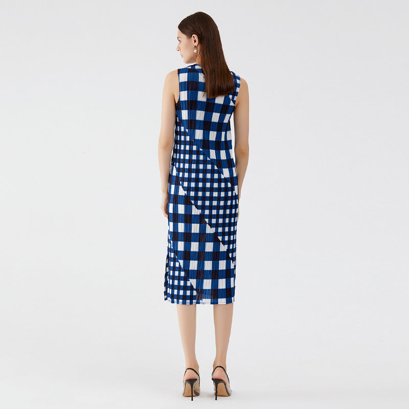 Sleeveless Gingham Patchwork O-Neck Slim Slit Midi Dress