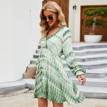 Ruffled Design V Neck Long-Sleeved Tie Dye Wholesale Dresses Casual