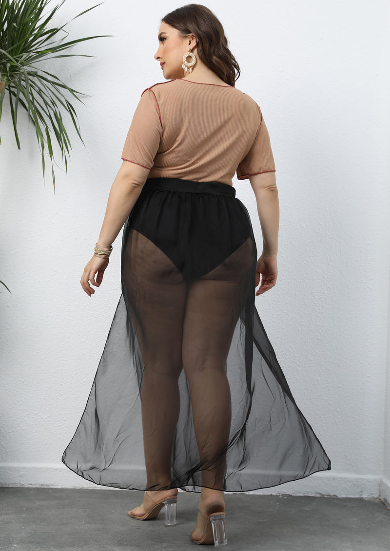 Fashion Elastic Waist Beachwear Sexy Sheer Mesh Slit Skirts Bikini Cover Up Wholesale Plus Size Clothing