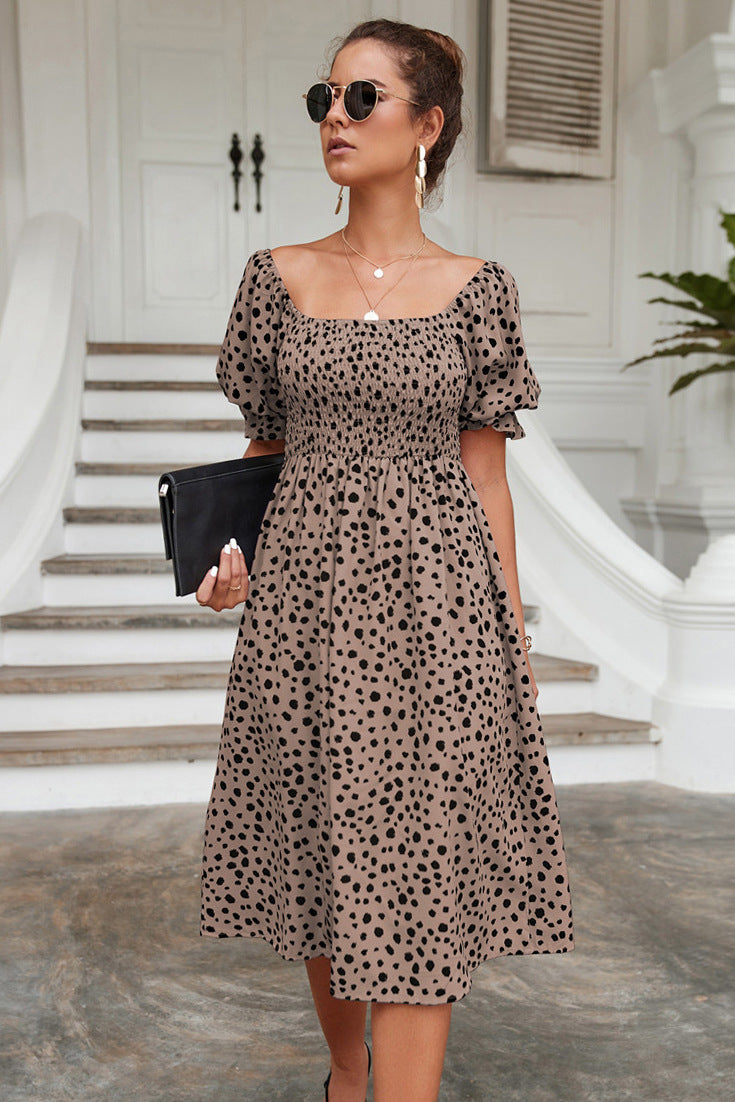 Dot Print Wide Neck Puff Sleeve High Waist Midi Dress Casual Wholesale Dresses