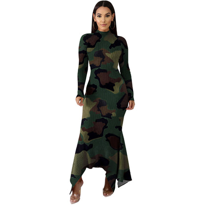 Printing Irregular Swing Slim Stand Collar Full Sleeve Maxi Dress