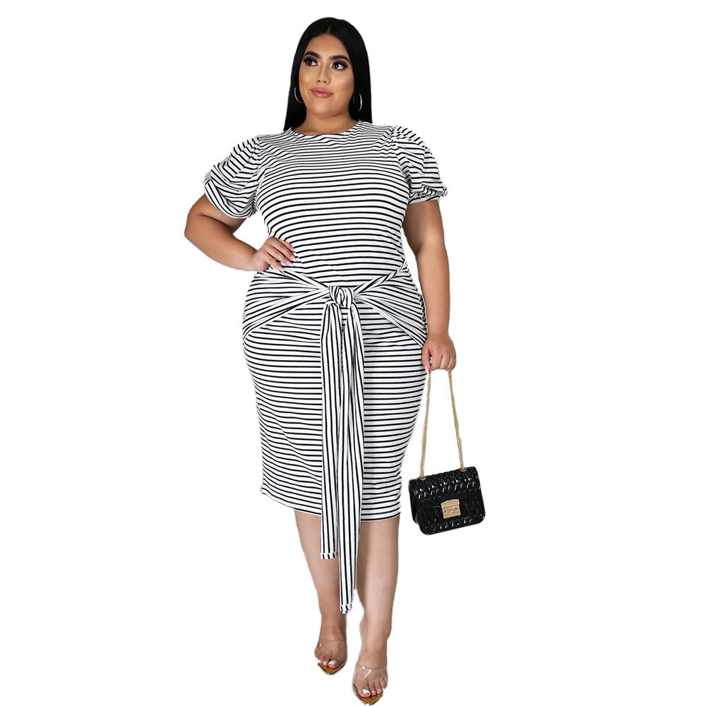 Striped Short-Sleeved Strap Casual Dress Women Wholesale