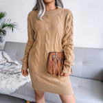 Crew Neck Twisted Hip Long Knitted Sweater Dress