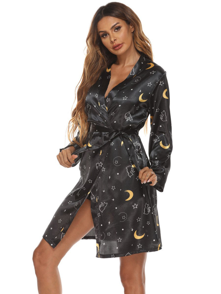 Bathrobe Womens Casual Home Wear Fashion Printed Satin Nightgown Wholesale Loungewear