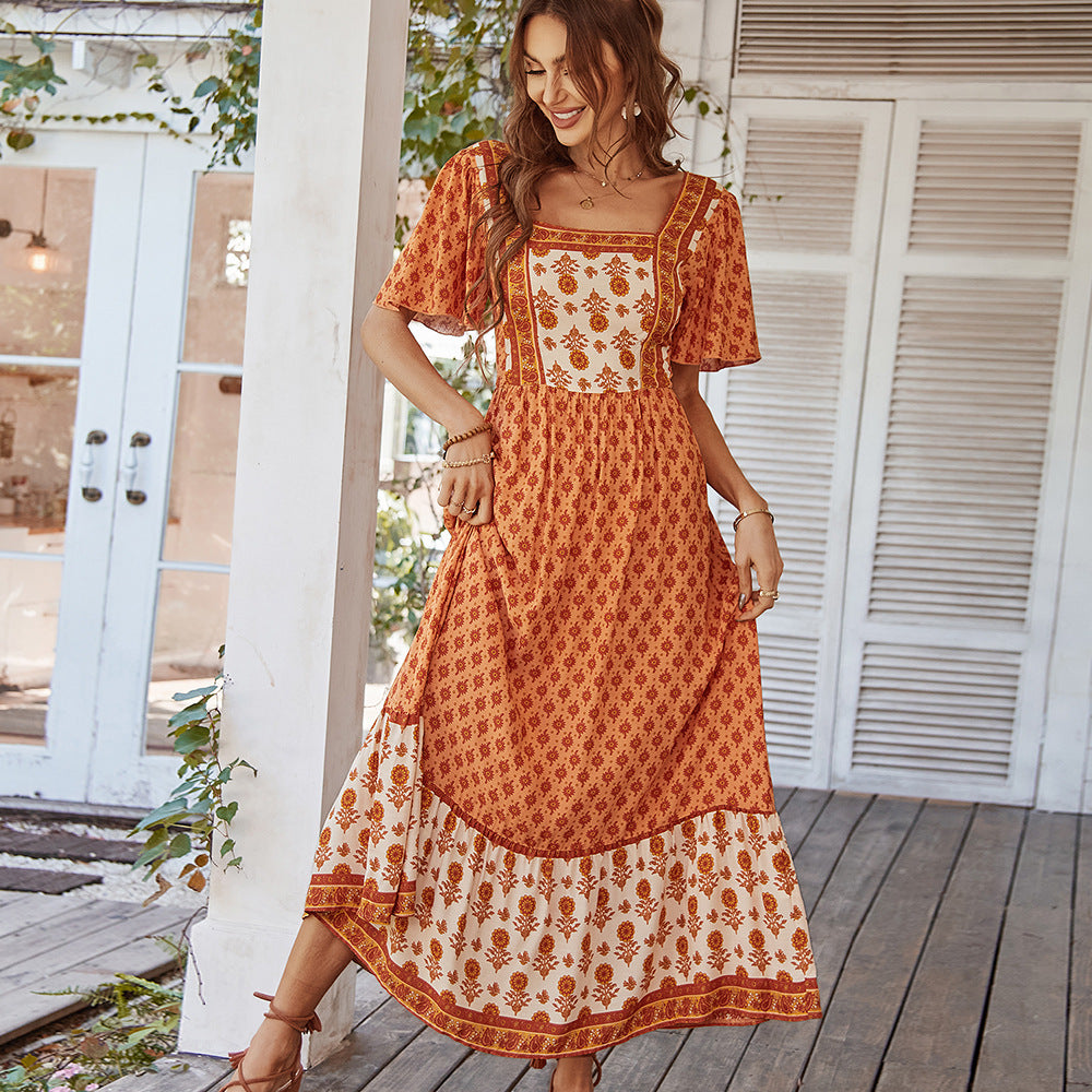 Vintage Square Neck Bohemian Dress For Women Casual Maxi Dress